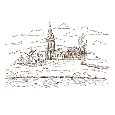 drawing sketch Russian country village church with a bell tower on the river bankのイラスト素材