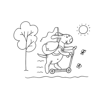 Character dog rides a scooter with a backpack and a fishing rod in black and white sketch,  for design calendar,  card.のイラスト素材