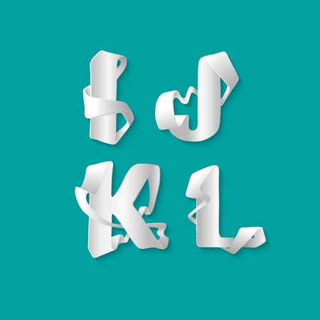 Vector decorative 3d alphabet isolated set of uppercase letters. White elegant letter I, J, K, L. Font of interlocking ribbons. Capital characters are either cut from paper or plasticのイラスト素材