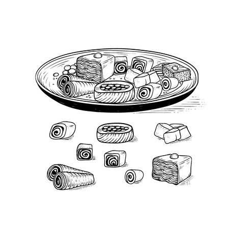 Oriental vector traditional sweets in range. Dish with variety Asian ethnic confectionery product and desserts baklava Turkish delight nougat. Set sketch drawing engraving style.のイラスト素材