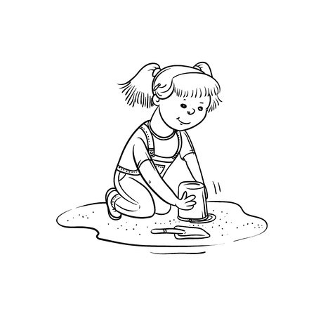 Vector sketch girl play in sandbox. Little child active walk in summer on outdoor. Cartoon black white isolated line illustration.のイラスト素材