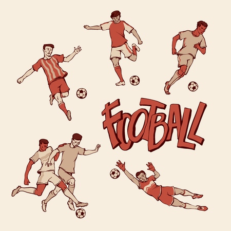Retro football player and goalkeeper in sports uniform. Vintage soccers motion with ball in different poses and race. Vector outline illustration imitation print and inscription painted lettersのイラスト素材