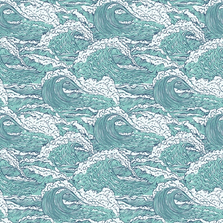 Vector waves sea ocean seamless pattern. Big and small azure bursts splash with foam and bubbles....