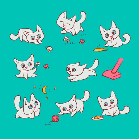 Small white cats different emotions and situations. Kitty play with ball walking in nature hunting for mouse and run away from broom. Vector humor set embossed cartoon illustrationsのイラスト素材