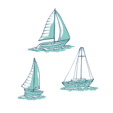 Vector set sailing yachts on sea waves. Water transport for travel, recreation and sports. Collection of line sketch illustrations isolated on white backgroundのイラスト素材