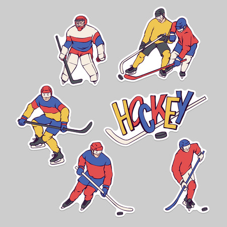 Vector stickers hockey player and goalkeeper in sports uniform. Sportsmans motion with hockey stick and puck in different race. Set outline illustration and inscription lettersのイラスト素材