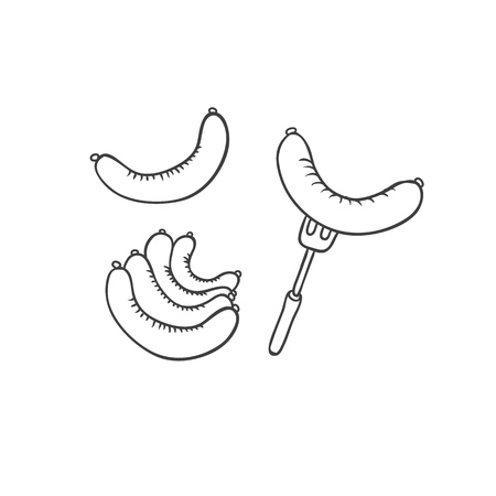 Vector traditional sausage on fork snack with beer in Oktoberfest. Isolated sketch black white illustrationのイラスト素材