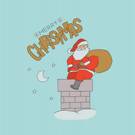 Vector card Santa Claus sitting chimney with bag gifts. Christmas holiday night with moon and stars in sky. Gold lettering sketch letters. Contour flat illustration for greeting designのイラスト素材