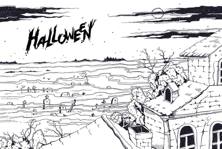 Sketch spooky landscape cemetery and old abandoned Gothic mansion. Moonlit night on all saints day, mystical fog over the tombstones and crosses. Vector Halloween party illustration.のイラスト素材