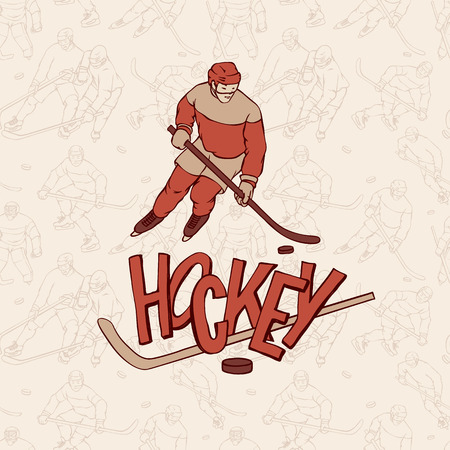 Vector hockey player and seamless pattern background. Retro outline illustration vintage sportsman and inscription letters.のイラスト素材