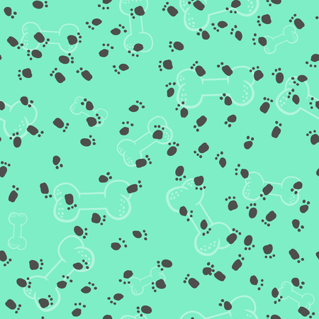 Vector dog funny footprint seamless pattern background with bones. Contour turquoise sketch illustration.のイラスト素材