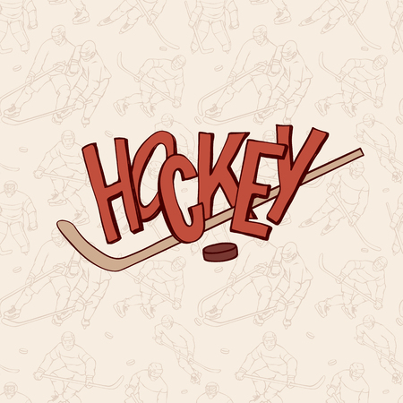 Vintage hockey stick inscription letters and seamless pattern background. Vector outline illustrationのイラスト素材