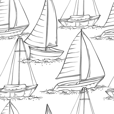 Vector seamless pattern sailing yachts on sea waves. Water transport for travel, recreation and sports monochrome black white of line sketch illustrations isolated on white background.のイラスト素材