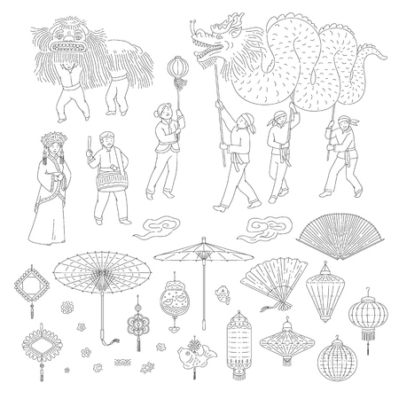 Vector Chinese New year people black white line art set lanterns talismans for holiday home decoration. National celebration parade and symbols of China cultureのイラスト素材
