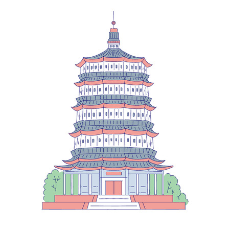 Vector Chinese pagoda architectural landmark. Oriental architecture line art traditional historic national high building of Chinaのイラスト素材