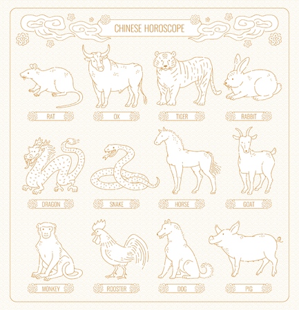 Vector Chinese horoscope of twelve animals line art. Set Eastern astrological calendar Asian pattern gold outline on white background.のイラスト素材