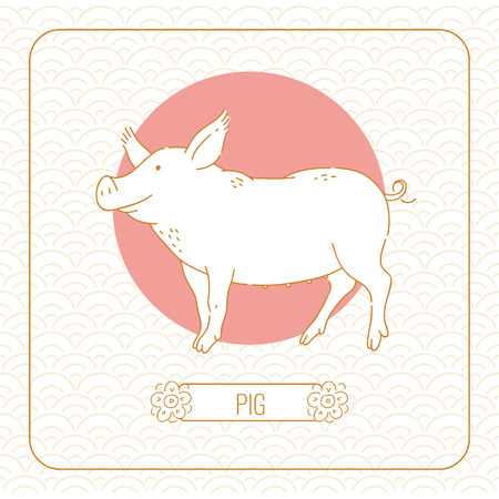 Year pig Chinese horoscope vector line art and pattern on white background.のイラスト素材