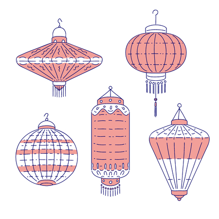 Chinese traditional lanterns different form. Vector line art set flashlights for decoration at home and outside. National symbol of China culture isolated on white backgroundのイラスト素材