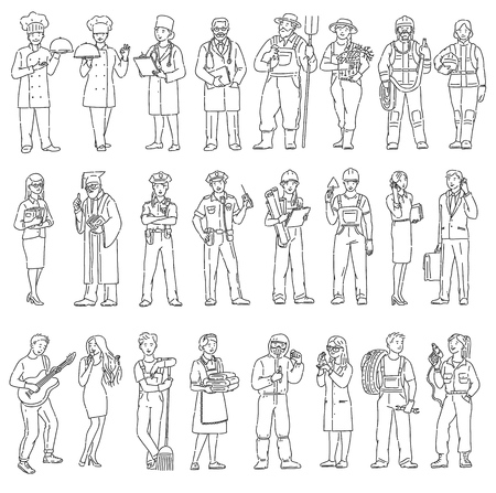 Women and men workers different professions in uniform. Labor Day people vector black white illustration in line art style.のイラスト素材