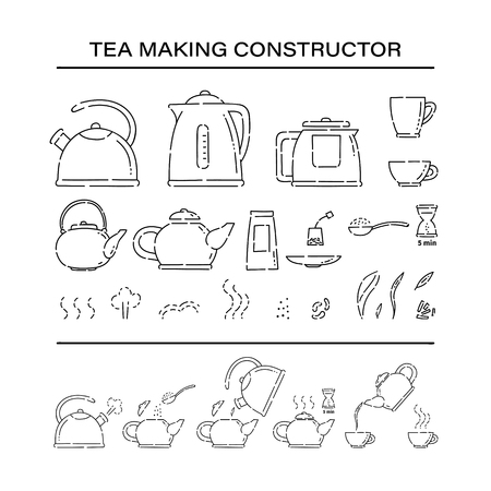 Cooking brew tea procedure constructor set icons. How to make hot drink teapot and boil in the kettle water vector line art sketch black white isolated illustrationのイラスト素材