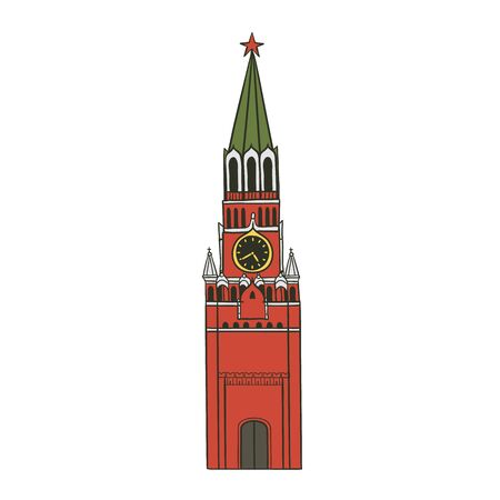 Spasskaya Tower with clock in Moscow Kremlin overlooks Red Square of Russia. Historical attraction architectural monument vector flat illustration.のイラスト素材