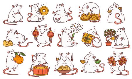 Rat set with different Chinese new year symbols. Cute mouse holds money and Chinese lanterns eats cheese and festive food drums and lets off fireworks. Vector outline cartoon illustrations.のイラスト素材