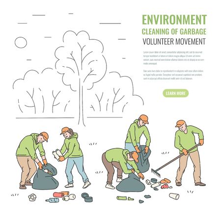 Volunteers cleaning park from waste. People pick up trash in bags vector line illustration of solving environmental problemsのイラスト素材
