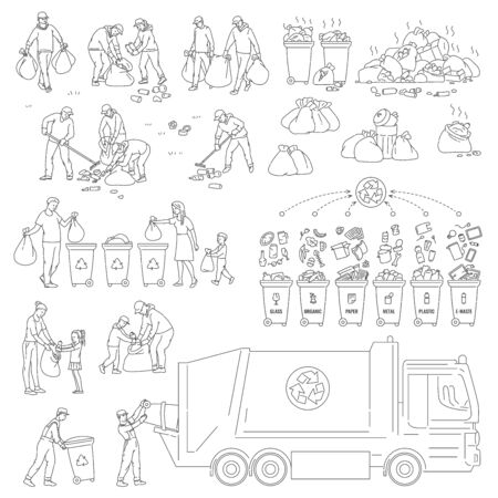 Set sorting and recycling waste. People volunteers clean environment from trash. Vector black white sketch illustration of solving environmental problemsのイラスト素材