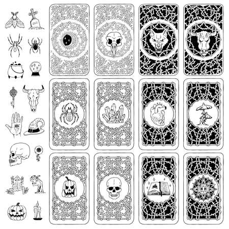 Vector set covers of playing or fortune telling cards of mystical, occult elements.のイラスト素材