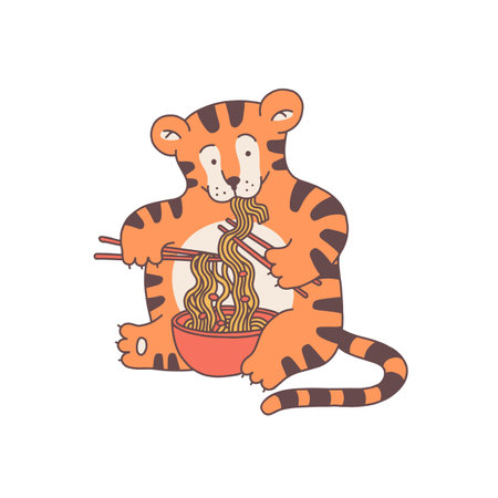 Tiger eats noodles with chinese chopsticks cartoon outline red cute character. Vector isolated illustration.のイラスト素材