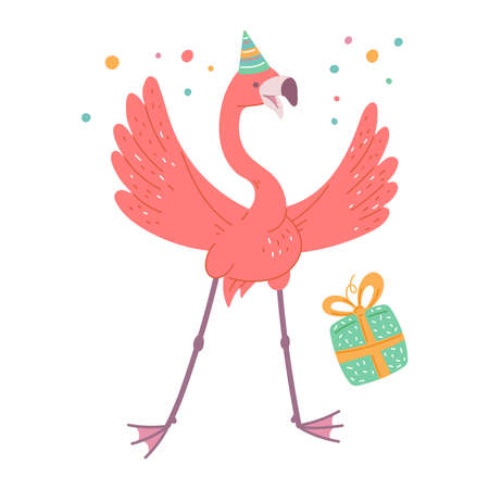 Cute Birthday pink flamingo in party hat. African bird cartoon flat illustration.のイラスト素材