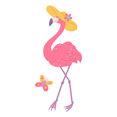 Cute pink flamingo in beach hat. African bird cartoon flat illustration.のイラスト素材