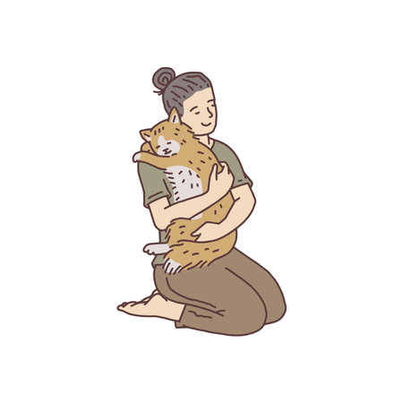 Woman sit and cuddle cat pet. Doodle contour line illustration.のイラスト素材