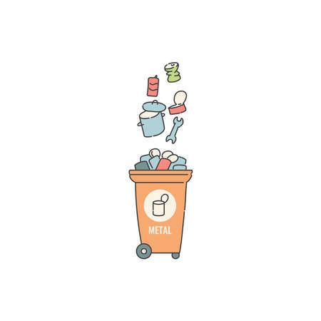 Container  with metal garbage sorting and recycling. Vector contour doodle isolated illustration.のイラスト素材