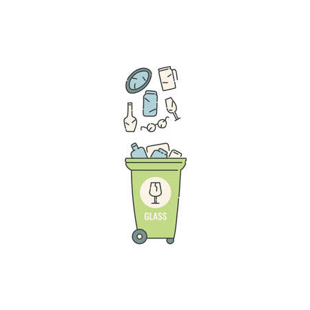 Container dumpster with glass garbage sorting and recycling. Vector contour doodle isolated illustration.のイラスト素材