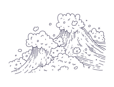 Waves sea ocean. Vector bursts splash with foam and bubbles. Outline doddle sketch black white illustration.のイラスト素材