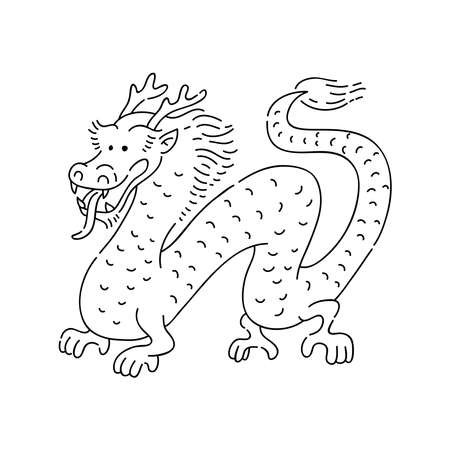 Dragon Chinese vector doodle fantasy animal of Eastern astrological calendar black outline on white background.のイラスト素材