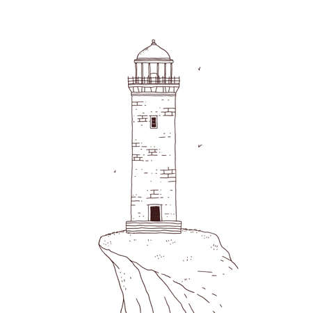 Lighthouse on the rock. Signal tower searchlight vector black white graphic line sketch isolated illustration.のイラスト素材