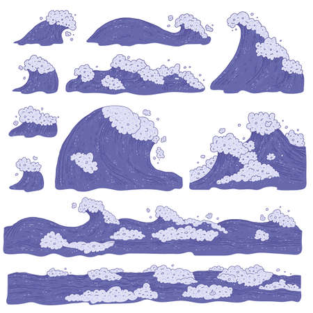 Vector set waves sea ocean. Big and small very peri bursts splash with foam and bubbles. Outline doddle sketch illustration isolated on white background.のイラスト素材