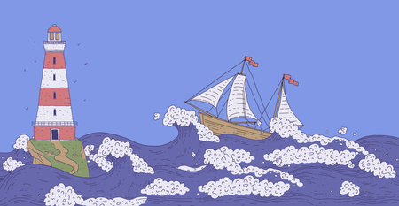 Ship sailboat and lighthouse on rock among stormy sea waves. Landscape with signal tower searchlight with red stripes and water for banner design. Vector line doodle illustration.のイラスト素材