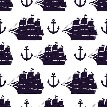 Seamless pattern of silhouette ships and anchors. Vector black doodle sketch illustration on white background.のイラスト素材
