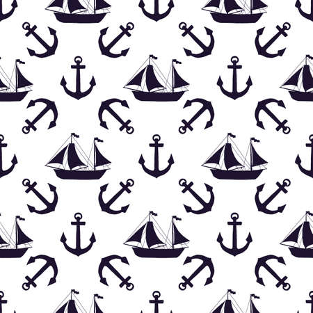 Seamless pattern of silhouette yachts and anchors. Vector black doodle sketch illustration on white background.のイラスト素材