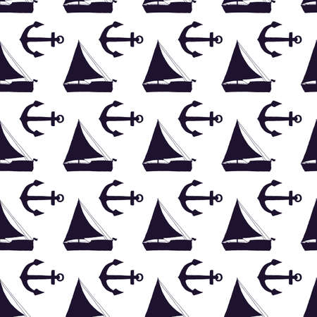 Seamless pattern of silhouette yachts and anchors. Vector black doodle sketch illustration on white background.のイラスト素材