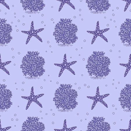 Seamless pattern of blue coral and sea star. Vector coralline reef ocean animals underwater life doodle sketch background.のイラスト素材