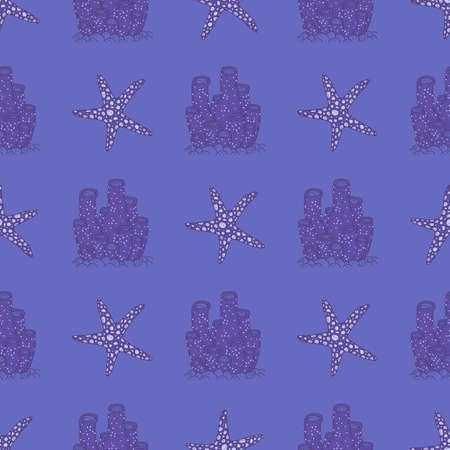 Seamless pattern of blue coral and sea star. Vector coralline reef ocean animals underwater life doodle sketch background.のイラスト素材