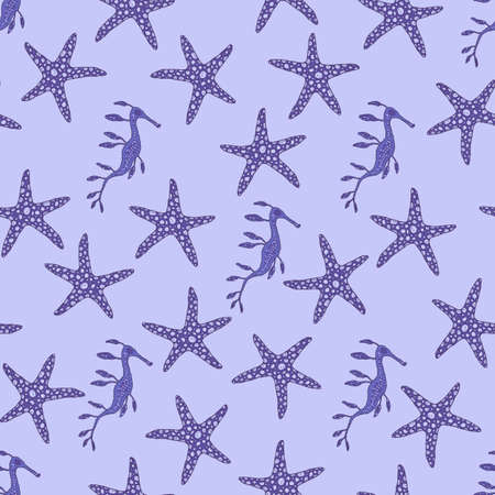 Seamless pattern of blue seahorse and seastar. Vector coralline reef ocean animals underwater life doodle sketch background.のイラスト素材