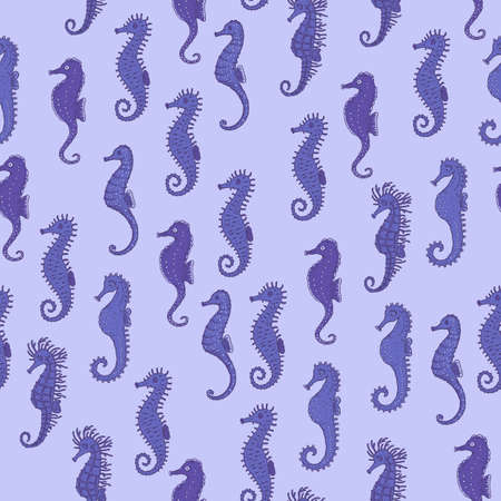 Seamless pattern of blue seahorse. Vector ocean animals underwater life doodle sketch background.のイラスト素材