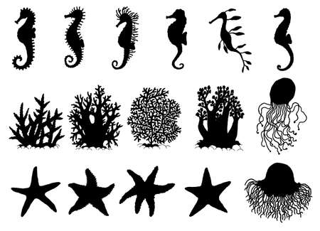 Set silhouette seahorses, starfishes and corals different forms. Vector icons wild ocean animals underwater life doodle isolated illustrations.のイラスト素材