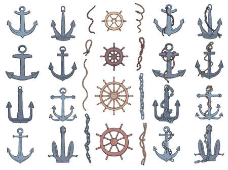 Set of anchors, rudders and ropes. Vector doodle sketch outline isolated illustration.のイラスト素材