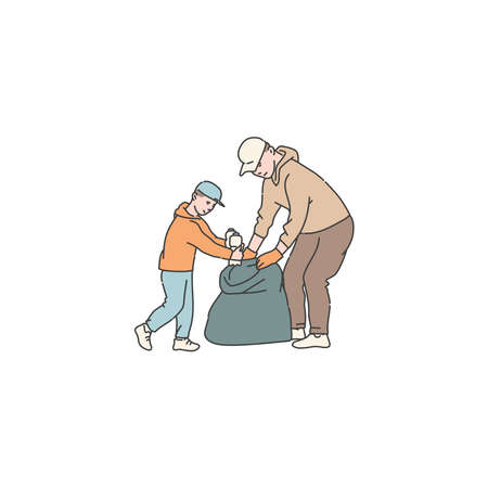 woman and child put garbage in bag clean environment from trash and waste. Vector doodle line illustration of solving environmental problems.のイラスト素材